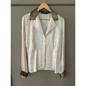 Vtg Della Roufogali 100% Silk Blouse Ivory Jacquard Gold Mesh Collar Cuffs rare